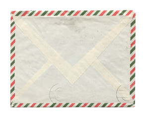 front view of old closed aged airmail DL envelope with faded stamp isolated on white