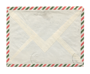 front view of old closed aged airmail DL envelope with faded stamp isolated on white