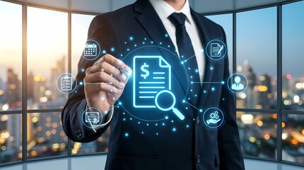 Business professional analyzing financial data through digital visualization in a modern office, showcasing smart technology and urban skyline views for corporate environments.