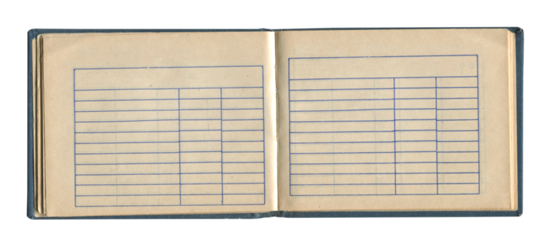 small old notebook with vintage yellow brown paper cloth cover and empty spreadsheet accounting charts inside open and isolated on white