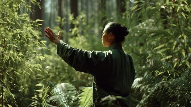 Natural energy flow, person doing tai chi in green forest, sunlight filtering through leaves, cinematic harmony of movement and nature, calm rhythm of breath and motion, emotional clarity.
