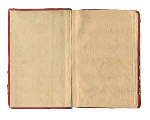 small open notebook red cover with vintage stained and wrinkled pages on white