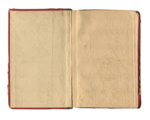 small open notebook red cover with vintage stained and wrinkled pages on white