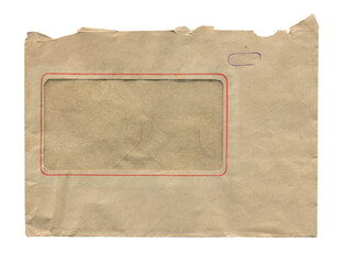 rear view of old closed aged paper envelope with address window and torn top isolated on white