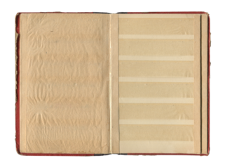 front view of old open vintage photo album with red cover and antique beige pages isolated on white