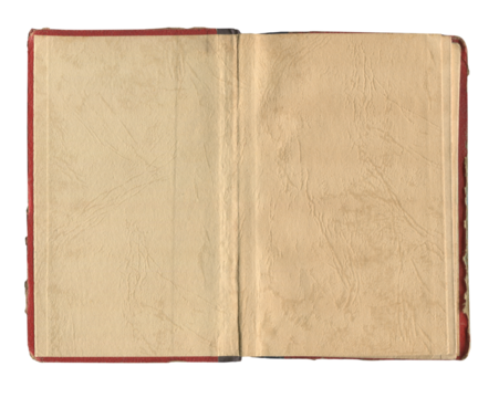 small open notebook red cover with vintage stained and wrinkled pages on white