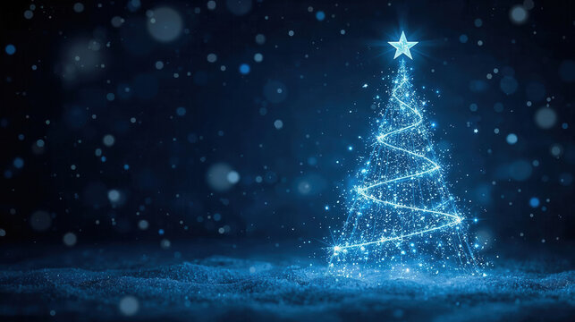Albero di Natale luminoso su sfondo blu invernale. Generative AI