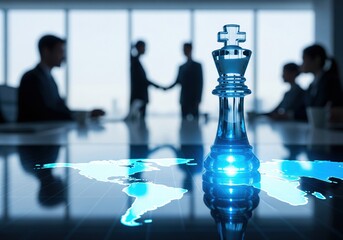 Global business strategy meeting with chess king piece and handshake for corporate leadership