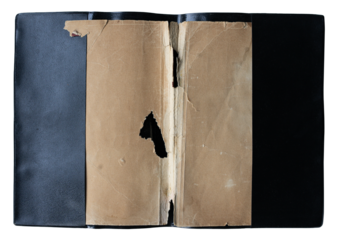 small open notebook dark black plastic covers with vintage stained cardboard inside on white