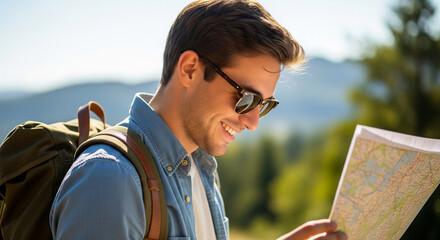 Close-Up Portrait of Happy Young Male Traveler Reading Map Outdoors. Man Hiking with Backpack and Sunglasses Planning Route in Sunny Nature Landscape.