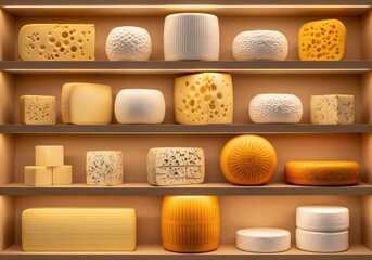 Cheese display showcase with gourmet artisan cheeses on shelves for sale in a cheese shop