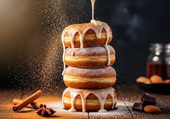 Delicious donuts stack with glaze and powdered sugar perfect for dessert food photography and bakery concepts
