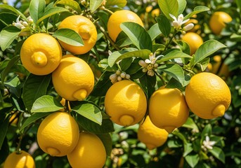 Bright yellow lemons growing on a tree with green leaves in a citrus fruit garden orchard scene