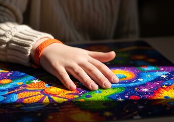 Completing a colorful jigsaw puzzle with hand and wristband showing in bright light at home activity