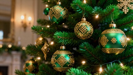 Emerald Oasis Green Christmas Tree with Gold Motif SanthaClass Decorations and Middle Eastern Artistic Patterns
