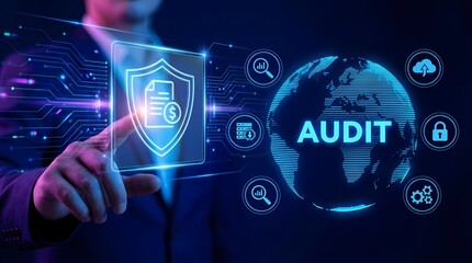 A professional virtual audit concept featuring a businessman engaging with a digital security shield, emblematic icons, and a global map to symbolize global digital compliance and security.