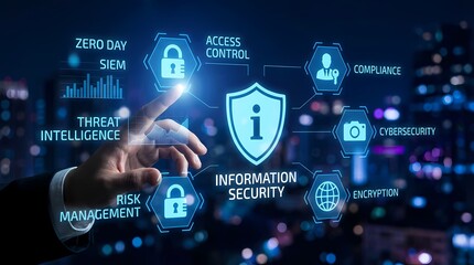 An individual engages with a digital information security interface displaying icons for access control, compliance, and risk management against a city skyline at night.