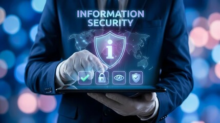 A businessman in a suit interacts with a tablet displaying digital information security icons, emphasizing the importance of cybersecurity solutions in the modern business environment.
