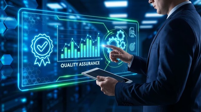 Business professional analyzing quality assurance metrics on a futuristic touchscreen with digital graphs and certification logos in a high-tech office environment. - Powered by Adobe