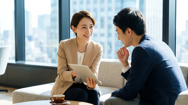 Business meeting with a smiling businesswoman showing a tablet to a male client discussing strategy in a modern office setting
