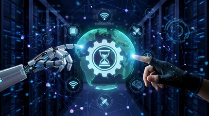 Futuristic concept of human and robot hands almost touching, symbolizing collaboration in technology, with visual elements like gears and networking symbols on a digital background.