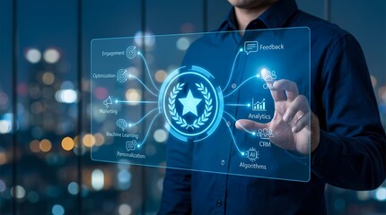 A business professional interacts with a futuristic touchscreen displaying various digital metrics and analytics icons, emphasizing data analysis and performance improvement strategies.