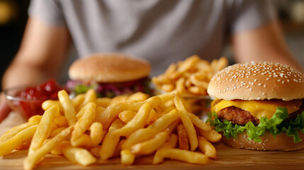 Composition many junk unhealthy fast defocused food table, faceless ultra processed, nutrition visualization detail, blurred high calories background, low value concept, unhealthy