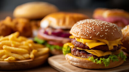 Composition many junk unhealthy fast defocused food table, faceless ultra processed, nutrition visualization detail, blurred high calories background, low value concept, unhealthy