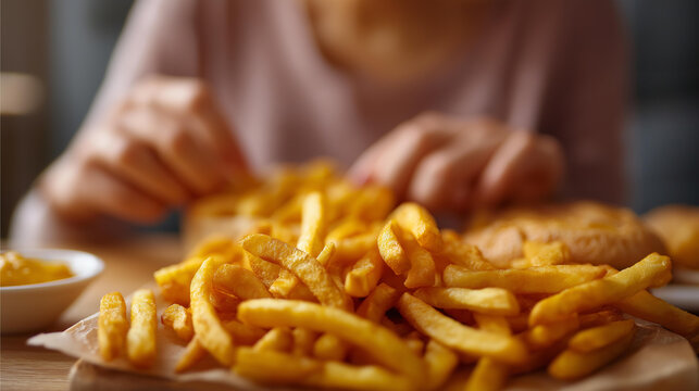 Composition many junk unhealthy fast defocused food table, faceless ultra processed, nutrition visualization detail, blurred high calories background, low value concept, unhealthy