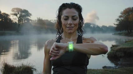 Woman checking a fitness tracker watch during a misty morning workout by the lake. Technology for health and exercise monitoring. - Powered by Adobe