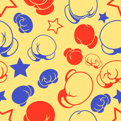 Seamless background pattern featuring boxing gloves, boxing glove mascot, line art, and star decoration