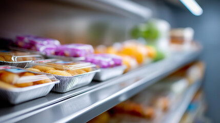 Clean organized food storage area defocused with labeled, faceless packages shelves, modern kitchen visualization detail, blurred metal background, organization concept, storage in