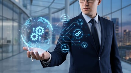Businessman Holding Digital Globe with Futuristic Network Interface and Gears