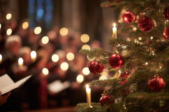 Christmas tree adorned with red ornaments and lit candles, in a festive setting with blurred choir singing in the background, creating a warm holiday atmosphere