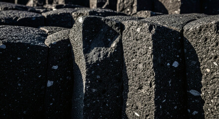 Dramatic basalt columns create abstract geometric patterns, perfect for architecture, geology, or unique nature backgrounds, strong light, stark contrast