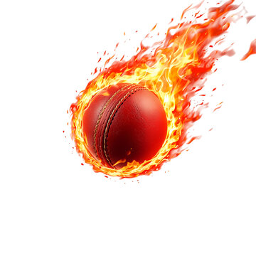 Red cricket ball with fiery trail moving diagonally against a png black background fire flames