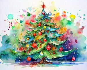 Watercolor christmas tree with colorful splash background