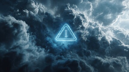Warning symbol in storm clouds representing extreme weather alert or climate emergency
