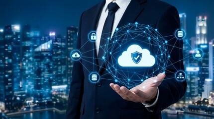 Businessman Holding Secure Cloud Network Digital Technology Concept with City Skyline Background