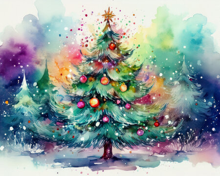 Christmas tree glowing watercolor painting festive holiday scene