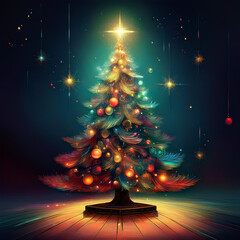 Stylized christmas tree glowing with colorful ornaments