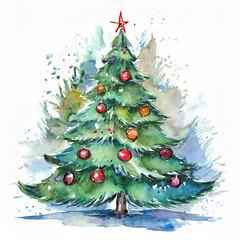 Christmas tree with red ornaments watercolor illustration