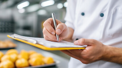 Quality control inspection in food defocused processing plant, faceless safety check, examination visualization detail, blurred factory background, inspection concept, quality inte