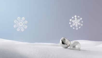Winter wonderland silver christmas ornaments and snowflakes on light blue background