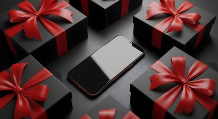 Smartphone surrounded by elegant black gift boxes tied with vibrant red ribbons