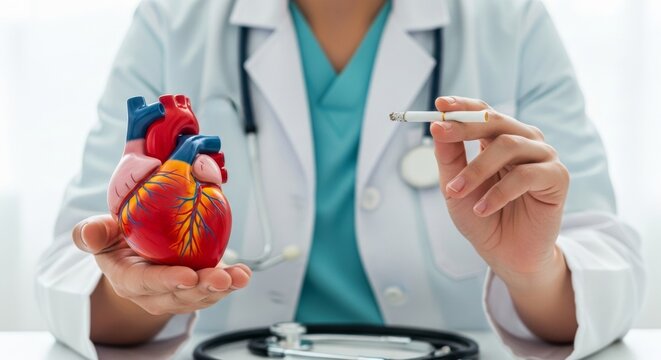 Doctor holding heart model and cigarette: smoking's impact on cardiovascular health