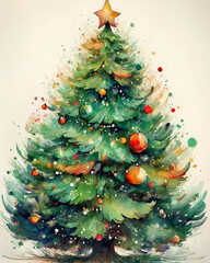 Christmas tree decorating celebration in watercolor style