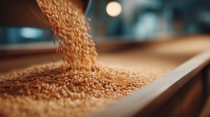 Wheat grains flowing industrial food defocused processing plant, faceless grain production, processing visualization detail, blurred facility background, agricultural concept, prod