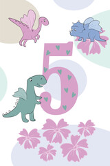 Cute Pastel Winged Dinosaur Number Five Kids Poster