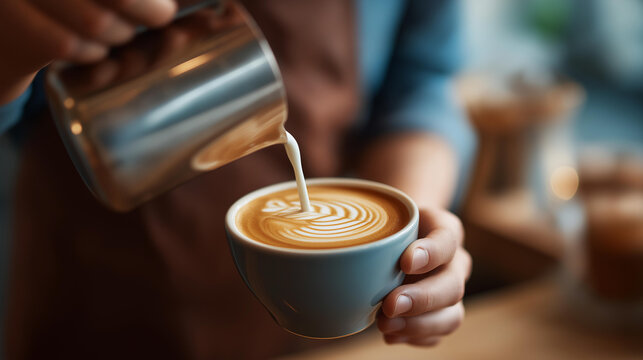 Pouring steamed milk into cup defocused coffee creating, faceless latte art, barista visualization detail, blurred close-up background, coffee shop concept, training interface, art